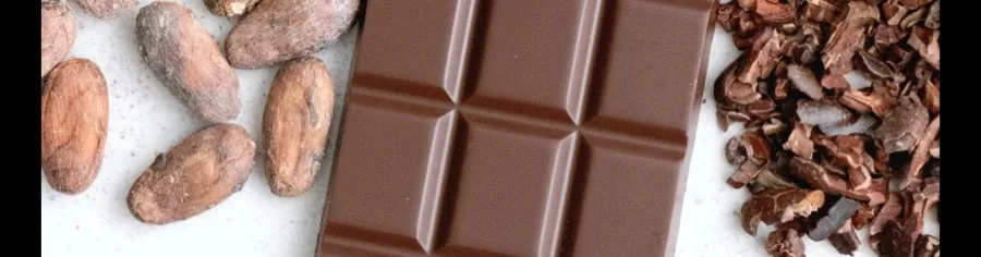 Tablette de chocolat entourée de fèves de cacao